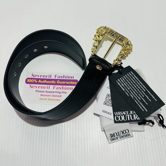 Versace Jeans Couture Belt Womens 80/ S Black Genuine Leather Gold Buckle NWT main image 3